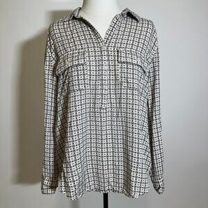Liz Claiborne Black White Geometric Button Down Tunic Blouse Womens Size Large L